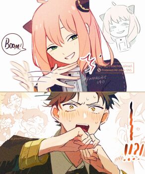 Rule 34 | !?, 1boy, 1girl, ahoge, anya's heh face (meme), anya (spy x family), black dress, black hair, black jacket, blush, collared shirt, damian desmond, dress, eden academy school uniform, furrowed brow, gold trim, green eyes, hair between eyes, hairpods, jacket, light blush, looking at another, medium hair, meme, open mouth, pink hair, school uniform, shirt, short hair, spy x family, sweat, troll face, twitter username, upper body, white shirt, yamasuke040, yellow eyes