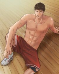 Rule 34 | 1boy, abs, azzurro 000, basketball jersey, basketball uniform, black eyes, black hair, foot out of frame, highres, indoors, knee pads, looking at viewer, male focus, mitsui hisashi, on floor, red shorts, scar, scar on chin, scar on face, short hair, shorts, single knee pad, sitting, slam dunk (series), smile, solo, sportswear, sweat, toned, toned male, topless male