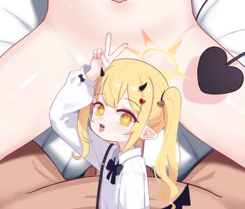 1boy 1girl blonde_hair blue_archive demon_tail halo hetero highres horns ibuki_(blue_archive) loli navel open_mouth penis pointy_ears sex shirt side_ponytail sseopik tail testicles v vaginal white_shirt yellow_eyes yellow_halo