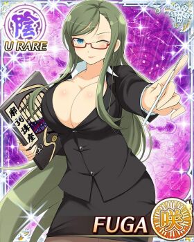 1girl black_jacket black_skirt black_suit blue_eyes blush book border breasts card_(medium) character_name cleavage closed_mouth english_text formal_clothes fuga_(senran_kagura) game_cg green_hair holding holding_book holding_pointer jacket large_breasts long_hair looking_at_viewer mole mole_under_eye official_alternate_costume official_art one_eye_closed partially_unbuttoned pencil_skirt pointer senran_kagura senran_kagura_new_wave skirt smile solo suit swept_bangs teacher