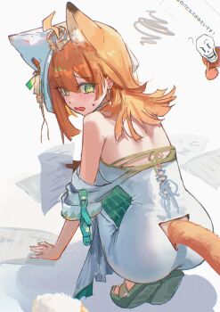 1boy 1girl ? @_@ absurdres ahoge animal_ears arknights bare_shoulders cat_ears cat_girl cat_tail commentary_request crossover dress earrings extra_ears full_body green_dress green_sandals hair_between_eyes highres holding holding_paper jewelry long_hair looking_back multicolored_dress open_mouth orange_hair paper papyrus_(arknights) papyrus_(undertale) sandals simple_background skeleton squatting sweatdrop tail translation_request two-tone_dress undertale uof utdr_(toby_fox) white_background white_dress
