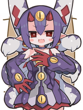 1girl :3 :d bare_shoulders blush_stickers border brown_background collarbone commentary cowboy_shot desco_(disgaea) detached_sleeves disgaea double-parted_bangs dress gloves hair_between_eyes hand_on_own_chest highres horns long_sleeves looking_at_viewer makai_senki_disgaea_4 open_mouth outline outside_border pointy_ears purple_dress purple_sleeves red_eyes red_gloves red_horns simple_background smile solo strapless strapless_dress suaman third_eye white_border