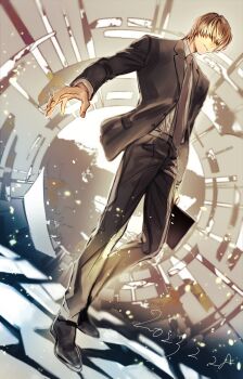 1boy belt black_jacket black_pants black_shoes black_suit brown_hair collared_shirt commentary_request dated death_note formal_clothes full_body grey_belt grey_necktie hair_over_one_eye highres jacket looking_at_viewer male_focus necktie pan2ca pants parted_lips shirt shoes short_hair solo suit suit_jacket white_shirt yagami_light