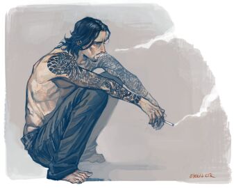 1boy arm_tattoo arms_on_knees barefoot beard black_eyes black_hair cigarette ctkcave facial_hair holding holding_cigarette male_focus male_underwear male_underwear_peek medium_hair mustache original simple_background slav_squatting smoke smoke_trail smoking solo squatting tattoo topless_male underwear