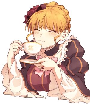 1girl beatrice_(umineko) blonde_hair blush brown_dress choker closed_eyes closed_mouth cup dress flower frilled_choker frilled_dress frilled_sleeves frills hair_flower hair_ornament highres holding holding_cup holding_plate hswoimuxk0pwr0h_(bbdan) jewelry plate red_flower red_rose ring rose short_hair smile solo umineko_no_naku_koro_ni