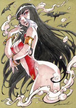 1girl arm_under_breasts armlet artist_name bat_(animal) black_hair black_nails blunt_bangs bracelet breasts cleavage collar covered_erect_nipples godtail gold_armlet gold_bracelet hashtag-only_commentary highres jewelry large_breasts long_hair looking_at_viewer looking_to_the_side navel one-piece_swimsuit parted_lips red_eyes red_one-piece_swimsuit red_slingshot_swimsuit slingshot_swimsuit solo swimsuit vampire vampirella vampirella_(character) white_collar yellow_background