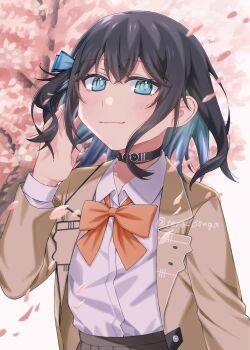 1girl black_choker black_hair blue_eyes bow bowtie brown_jacket choker closed_mouth collared_shirt colored_inner_hair commentary_request hand_up highres jacket long_sleeves looking_at_viewer miyamai_moca multicolored_hair open_clothes open_jacket orange_bow orange_bowtie outdoors redrawn shirt solo tere_douga upper_body voicepeak white_shirt