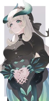 Rule 34 | 1girl, black dress, blunt bangs, blush, breasts, buttons, chamber dragonmaid, commentary request, dragon girl, dragon horns, dragon wings, dress, duel monster, feathered wings, green eyes, grey background, grey hair, hands on own stomach, heichi, highres, horns, large breasts, long hair, long sleeves, low wings, maid, puffy long sleeves, puffy sleeves, sidelocks, simple background, solo, very long hair, wings, yu-gi-oh!