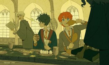 1girl 3boys black_hair black_robe blonde_hair book bread brown_hair chalice classroom clenched_teeth collared_shirt cup draco_malfoy eating egg food furrowed_brow glasses harry_potter harry_potter_(series) helen_jee hermione_granger highres holding holding_book loaf_of_bread long_hair multiple_boys necktie open_mouth parted_bangs red_hair robe ron_weasley school_uniform shirt short_hair smile striped_necktie sweater_vest teeth wavy_hair white_shirt wizarding_world