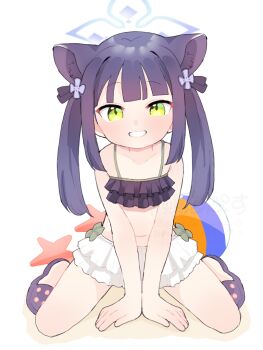 1girl animal animal_ears ball beach beachball bikini bikini_skirt black_bikini black_hair black_ribbon blue_archive blush cat_ears cat_girl collarbone crocs flat_chest flower frilled_bikini frills green_eyes grin hair_flower hair_ornament hair_ribbon halo loli long_hair looking_at_viewer nakajima_lupus navel purple_shoes ribbon sand shoes shun_(blue_archive) shun_(small)_(blue_archive) sitting smile starfish swimsuit teeth twintails white_background