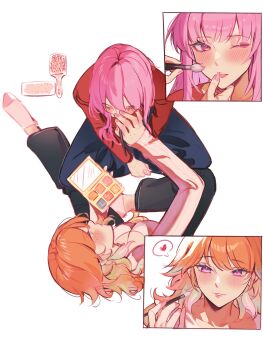 2girls absurdres alternate_hairstyle amlichan applying_another&#039;s_makeup applying_makeup blush earrings feather_earrings feathers hair_brush heart highres hololive hololive_english jewelry long_hair looking_at_viewer mori_calliope multiple_girls orange_hair pink_hair purple_eyes simple_background spoken_heart takanashi_kiara virtual_youtuber