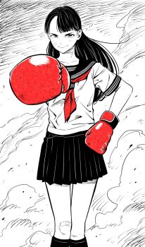 1girl asymmetrical_bangs bandaid bandaid_on_cheek bandaid_on_face bandaid_on_knee bandaid_on_leg boxing_gloves breasts commentary_request dust_cloud gloves greyscale highres kneehighs lee_(dragon_garou) long_hair miniskirt monochrome neckerchief original pleated_skirt red_gloves red_neckerchief school_uniform serafuku skirt small_breasts smile socks solo spot_color thigh_gap