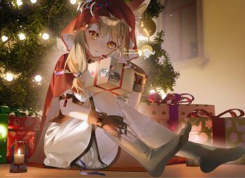1girl animal_ears arknights arknights:_endfield artist_name black_gloves black_socks blonde_hair box candle christmas christmas_present christmas_tree cloak commentary_request dress endministrator_(arknights) extra_ears female_endministrator_(arknights) fingerless_gloves full_body gift gift_box gloves highres hood hood_up hooded_cloak kneehighs knees_up long_hair looking_at_viewer male_endministrator_(arknights) no_shoes orange_eyes parted_lips red_cloak rossi_(arknights) sitting socks solo white_dress wolf_ears wolf_girl yellow_eyes yukiusagi_(snowrabbit0508)