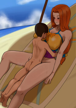 1boy 1girl age_difference arms_at_sides beach blue_shirt blue_sky blush bottomless breasts brown_eyes brown_hair collarbone dutch_angle faceless faceless_male feet_out_of_frame grin hetero huge_breasts league_of_legends leona_(league_of_legends) long_hair looking_at_another looking_down low-tied_long_hair lying matching_hair/eyes multicolored_shirt ocean on_back onee-shota parted_lips pool_party_leona purple_shirt sand sex shirt shota size_difference sky smile solo_focus spread_legs teeth ting0816 vaginal water yellow_shirt