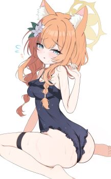 animal_ears ass ass_focus barefoot blue_archive braid breasts commentary_request flower from_behind hair_flower hair_ornament halo highres legwear_garter long_hair looking_at_viewer mari_(blue_archive) nuuuukoame orange_hair simple_background sitting swimsuit twin_braids wariza white_background yellow_halo