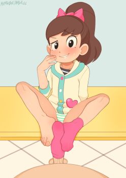 1boy 1girl bare_legs barefoot blush bow brown_hair commission erection fanbox_username foot_focus footjob full_body hair_bow heart high_ponytail highres knees_apart_feet_together kodama_fumika loli looking_at_viewer maniacbox panties penis pink_bow pink_socks ponytail pov pov_crotch single_sock sitting smile smirk sock_on_penis sockjob socks solo_focus spread_legs striped_clothes striped_panties sweat teeth testicles thighs tile_floor tiles toes two-footed_footjob uncensored underwear uneven_eyes unworn_socks watermark web_address youkai_watch