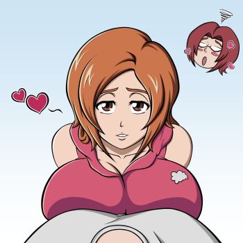 2girls bleach breast_press breasts brown_eyes hazvalt highres honshou_chizuru huge_breasts inoue_orihime multiple_girls orange_hair yuri