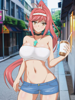 1girl breasts cleavage coffee core_crystal crop_top glimmer_(xenoblade) hata_(pixiv10403940) highres large_breasts nintendo outdoors red_hair shorts solo xenoblade_chronicles_(series) xenoblade_chronicles_3 xenoblade_chronicles_3:_future_redeemed