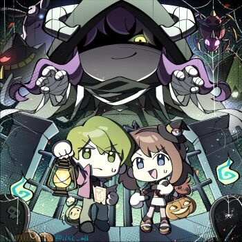 ariados artist_name banette blue_eyes brown_hair budew chibi drew_(pokemon) gen_1_pokemon gen_2_pokemon gen_3_pokemon gen_4_pokemon gen_5_pokemon gloves green_eyes green_hair halloween halloween_bucket halloween_costume harley_(pokemon) haunted highres holding house ilbl_all lampent lantern may may_(pokemon) nintendo pokemon pokemon_(anime) pokemon_rse_(anime) pumpkin torchic wigglytuff
