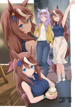 2girls absurdres adjusting_eyewear aged_up alternate_breast_size_(larger) animal_ears ankle_socks arm_up armpits artist_logo black_shirt blue_eyes bow breasts brown_hair brown_tail closed_eyes commentary_request cup denim drinking_glass ear_bow ear_ornament hair_between_eyes hair_down highres holding holding_cup holding_hands horse_ears horse_girl jacket jeans jtleeklm large_breasts logo long_hair long_sleeves looking_at_viewer mejiro_mcqueen_(umamusume) multicolored_hair multiple_girls multiple_views open_clothes open_jacket outline pants purple_eyes purple_hair purple_tail shirt sitting skirt sleeveless sleeveless_shirt socks standing streaked_hair tokai_teio_(umamusume) umamusume watch white_outline white_shirt white_skirt white_socks white_streaks wristwatch yellow_jacket