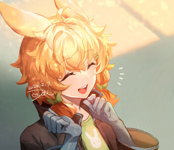 1girl ahoge animal_ears arknights blonde_hair bow braid closed_eyes dated dqn_(dqnww) gloves green_bow green_shirt hair_between_eyes hair_bow kroos_(arknights) long_hair open_mouth orange_hair rabbit_ears rabbit_girl shirt signature simple_background smile solo teeth tongue upper_body upper_teeth_only white_gloves