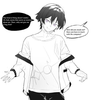 Rule 34 | 1boy, :d, alternate costume, arms at sides, blunt ends, bright pupils, casual, choppy bangs, closed mouth, collarbone, contemporary, crew neck, ear piercing, earrings, genshin impact, greyscale, head tilt, highres, jacket, jewelry, long sleeves, looking at viewer, male focus, middle ring, monochrome, open clothes, open hands, open jacket, open mouth, piercing, purple eyes, scaramouche (genshin impact), shirt, short sleeves, smile, solo, speech bubble, spot color, tongue, tongue out, upper body, whisper (suisuibingtang), white background, white pupils