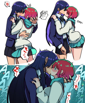 !? 2girls amate_yuzuriha anger_vein bike_shorts commentary cropped_legs grabbing_another's_head gundam gundam_gquuuuuux heart highres kiss long_hair miniskirt multiple_girls n0_image nyaan_(gundam_gquuuuuux) purple_hair red_hair school_uniform short_hair skirt speech_bubble spoken_anger_vein spoken_heart spoken_interrobang sweater tears yellow_eyes yuri