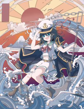 1girl :d absurdres anchor animal ascot bird black_hair blue_eyes boots brown_boots chain chinese_commentary cloud evening green_sailor_collar hair_between_eyes hand_on_own_hat hanging_on hat highres mountain murasa_minamitsu navel ocean open_mouth pants pigeon red_ascot sailor_collar sailor_hat seagull shirt short_sleeves smile socks solo_focus star_(sky) sun touhou tseum tsunami waves white_pants white_shirt white_socks
