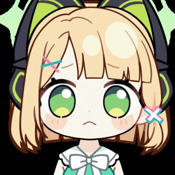 >_< 1girl :< animal_ear_headphones animal_ears animated animated_gif bare_arms blonde_hair blue_archive blunt_bangs blunt_ends blush_stickers bow bowtie cat_ear_headphones cat_ears chibi chunye_haruya dot_nose dress fake_animal_ears green_dress green_eyes green_halo hair_ornament hairclip halo headphones hitting looking_at_viewer low-tied_sidelocks lowres midori_(blue_archive) missing_commentary open_mouth parted_bangs second-party_source short_hair sidelocks simple_background sleeveless sleeveless_dress solo transparent_background upper_body wavy_mouth white_bow white_bowtie x_hair_ornament
