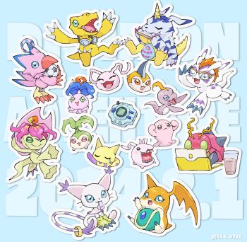 Rule 34 | agumon, ball, bird, blue eyes, body fur, cat, colored skin, computer, copyright name, dated, digimon, digimon adventure, digimon day, digivice, english text, evolutionary line, feathers, gabumon, glasses, goggles, goggles around neck, gomamon, green eyes, green hat, harmonica, hat, highres, holding, holding unworn clothes, holding unworn hat, instrument, koromon, laptop, mochimon, nagoshi, nyaromon, palmon, patamon, pink feathers, pink hat, pink skin, piyomon, pukamon, pyocomon, reptile, sharp teeth, soccer ball, tailmon, tanemon, teeth, tentomon, tokomon, tunomon, unworn hat, unworn headwear, whistle, whistle around neck, white fur