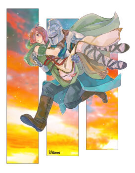 1girl 1other ambiguous_gender antenna_hair artist_name bearer_of_the_curse black_pants blue_shirt boots brown_boots brown_eyes brown_gloves brown_hair commentary dark_souls_(series) dark_souls_ii dress emerald_herald full_body gauntlets gloves green_dress grey_socks hair_over_one_eye helm helmet jumping kanon_(rsl) looking_afar open_mouth orange_sky pants shirt short_hair sky socks sunset tassel