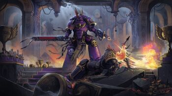 2boys absurdres adeptus_astartes arch architecture armor battle black_armor black_legion_(warhammer_40k) bone book burning_head candle carpet cathedral chain chainsword chaos_space_marine chaos_undivided_(symbol) church column cup fighting_stance finishing_move fire flamethrower gothic_architecture highres holding holding_sword holding_weapon imperial_aquila marton_kapoli multiple_boys pelvic_curtain pillar power_armor purity_seal purple_armor ruins shield_print skull_ornament soul_drinkers stairs statue sword warhammer_40k weapon winged_hat