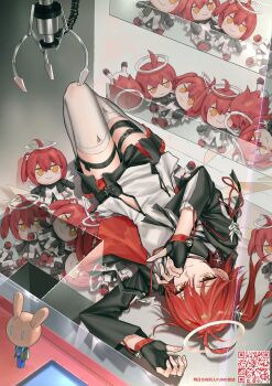 1girl absurdres arknights black_gloves black_shorts character_doll chinese_commentary commentary_request crane_game doll exusiai_(arknights) exusiai_the_new_covenant_(arknights) feet_out_of_frame fingerless_gloves fumo_(doll) gloves halo highres in_crane_game keruoer_de_zhenmianmu knee_up looking_at_viewer lying making-of_available on_back one_side_up qr_code red_hair shirt short_hair shorts smile thighhighs third-party_source white_shirt white_thighhighs wings yellow_eyes