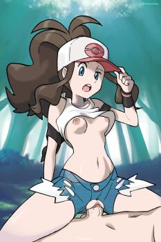 1boy 1girl :o absurdres baseball_cap blue_eyes breasts brown_hair clothed_female_nude_male clothes_lift commentary commission day exposed_pocket eyelashes forest girl_on_top half-closed_eye hand_on_headwear hand_up hat hetero high_ponytail highres hilda_(pokemon) koturitsu long_hair nature navel nintendo nipples nude official_style open_mouth outdoors penis pokemon pokemon_bw ponytail pussy pussy_cutout sex shirt_lift shorts sidelocks spread_legs teeth testicles twitter_username uncensored upper_teeth_only vaginal watermark white_hat wristband