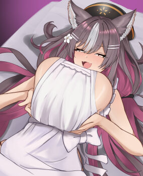 1girl absurdres animal_ears apron blush breasts brown_hair chisaka_airi colored_inner_hair fangs flower hair_flower hair_ornament hat heart heart-shaped_pupils heiz_illust highres huge_breasts long_hair multicolored_hair naked_apron open_mouth phase_connect pink_hair streaked_hair symbol-shaped_pupils twintails virtual_youtuber white_apron white_flower white_hair wolf_ears wolf_girl yellow_eyes