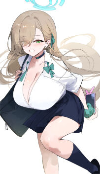 1girl absurdres alternate_eye_color asuna_(blue_archive) asuna_(school_uniform)_(blue_archive) asymmetrical_bangs blonde_hair blue_archive blue_bow blue_bowtie blue_eyes blue_halo blue_ribbon blue_scrunchie blush bow bowtie breasts cellphone choker cleavage dokshuri green_eyes hair_over_one_eye hair_ribbon halo highres large_breasts long_hair loose_bowtie mole mole_on_breast phone pleated_skirt ribbon school_uniform scrunchie shirt skirt smartphone very_long_hair white_shirt wrist_scrunchie
