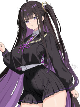 black_hair black_sailor_collar black_shirt black_skirt blush breasts chitose_(stella_sora) colored_inner_hair highres large_breasts layered_shirt long_hair looking_at_viewer multicolored_hair onli720justmao pleated_skirt purple_eyes sailor_collar school_uniform shirt side_ponytail signature skirt stella_sora