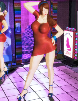 1girl 2girls arm_behind_head breasts brown_eyes brown_hair dress hairband hand_on_own_hip high_heels kill_the_king large_breasts legs long_hair multiple_girls short_dress short_hair taut_clothes