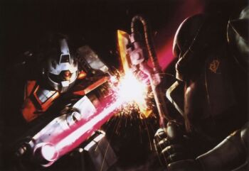 assault_visor axe battle damaged duel earth_federation emblem energy_sword fire gm_(mobile_suit) gundam heat_hawk holding holding_axe holding_beam_saber holding_heat_hawk holding_weapon mecha mecha_focus mobile_suit mobile_suit_gundam morishita_naochika no_humans official_art robot roundel science_fiction sword weapon zaku_ii zaku_ii_f/j zeon