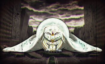 artist_request city creature creature_focus day film_grain game_cg gold_necklace highres jewelry magia_record:_mahou_shoujo_madoka_magica_gaiden mahou_shoujo_madoka_magica mahou_shoujo_madoka_magica_magia_exedra necklace no_humans official_art outdoors oversized_wings road shitori_egumo_(madoka_magica) storm street wings witch_(madoka_magica)