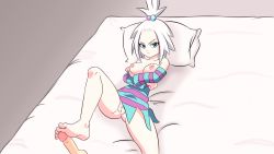 1girl angry animated annoyed bad_id bad_twitter_id barefoot blue_eyes breasts breasts_out cleft_of_venus cum cum_on_body cum_on_feet ejaculation feet femdom footjob highres laceysx long_hair looking_at_viewer medium_breasts nintendo nipples no_bra no_panties penis pokemon pokemon_bw2 pussy roxie_(pokemon) soles toes uncensored uninterested video white_hair