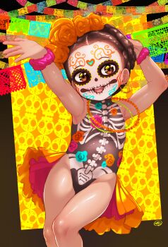 1girl arms_up black_hair black_leotard born-to-die braid brown_eyes calavera dancing dia_de_muertos earrings facepaint facial_mark flat_chest floral_print flower forehead_mark hair_flower hair_ornament halloween halloween_costume heart heart_facial_mark highres hoop_earrings jewelry leotard loli looking_at_viewer necklace open_mouth orange_background orange_flower orange_skirt original pearl_necklace print_leotard scrunchie short_hair showgirl_skirt skeleton_print skirt skull skull_facepaint smile standing string_of_flags teeth wrist_scrunchie