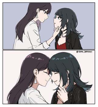 Rule 34 | 2girls, bang dream!, bang dream! it's mygo!!!!!, black choker, black hair, black jacket, blue eyes, blush, brown hair, chain, chain necklace, choker, closed eyes, closed mouth, commentary, earrings, hand on another's face, hashtag-only commentary, highres, holding another's wrist, jacket, jewelry, long hair, multiple girls, necklace, purple eyes, rankaku, red shirt, shiina taki, shirt, smile, tears, white shirt, yahata umiri, yuri