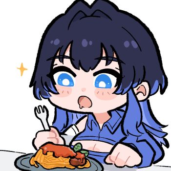 1girl :o asymmetrical_sleeves blue_eyes blue_hair blue_shirt blue_sleeves blush_stickers breasts bright_pupils chibi cleavage_cutout clothing_cutout collared_shirt commentary drooling food fork hair_intakes holding holding_fork hololive hololive_english hungry large_breasts leaf long_hair long_sleeves looking_at_food looking_at_viewer meatball mismatched_sleeves mouth_drool official_alternate_costume open_mouth oscar_get ouro_kronii ouro_kronii_(4th_costume) pasta shirt simple_background solo spaghetti spaghetti_and_meatballs virtual_youtuber white_background white_pupils white_sleeves
