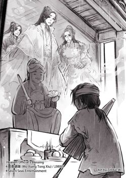 4boys altar armor artist_name bandage_on_face bandaged_head bandages child chinese_armor chinese_clothes cloud commentary copyright_name english_commentary feng_xin flower frown greyscale hair_flower hair_ornament hanfu holding holding_umbrella hua_cheng hua_cheng_(young) indoors layered_clothes long_hair long_sleeves male_focus monochrome mu_qing_(tianguan_cifu) multiple_boys official_alternate_costume official_alternate_hairstyle official_art ornate_clothes parted_bangs ponytail religious_offering standing statue sword tianguan_cifu umbrella watermark weapon wide_sleeves xiao_guan_(headdress) xie_lian xie_lian_(flower_crowned_martial_god) zelda_c_wang