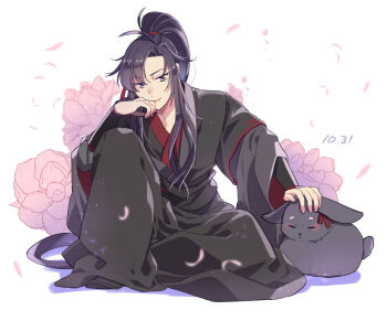 1boy ahoge animal black_hair black_hanfu black_rabbit_(animal) chinese_clothes closed_mouth dated falling_petals fduki_maro flower full_body hair_ribbon hand_on_own_face hanfu head_rest knee_up long_hair long_sleeves looking_down male_focus modao_zushi petals petting pink_flower ponytail purple_eyes rabbit red_ribbon ribbon robe sidelocks sitting smile solo very_long_hair wei_wuxian wide_sleeves