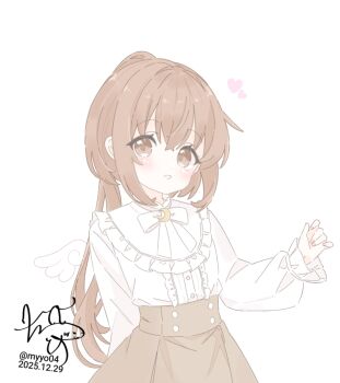 1girl alternate_costume arm_behind_back bow bowtie brown_eyes brown_hair brown_skirt chame_(myyo04) crescent crescent_pin dated detached_wings frilled_sleeves frills fumizuki_(kancolle) heart high-waist_skirt kantai_collection light_blush light_smile long_hair long_sleeves looking_at_viewer parted_lips shirt sidelocks signature simple_background single_wing skirt solo twitter_username white_background white_bow white_bowtie white_shirt white_wings wings