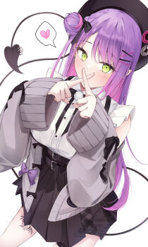 1girl absurdres aoba_takeru black_hat black_skirt cardigan colored_inner_hair commentary_request covering_own_mouth demon_girl demon_tail ear_piercing frilled_shirt frills green_eyes grey_cardigan hair_bun hair_ornament hairclip hat heart high-waist_skirt highres hololive jirai_kei leg_tattoo long_hair looking_at_viewer multicolored_hair official_alternate_costume open_cardigan open_clothes piercing pink_hair pointy_ears purple_hair shirt single_hair_bun skirt sleeveless sleeveless_shirt solo speech_bubble tail tail_ornament tail_piercing tattoo tokoyami_towa tokoyami_towa_(jirai_kei) virtual_youtuber white_shirt x_fingers