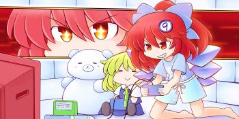 +_+ 216 2girls alternate_costume alternate_eye_color alternate_hair_color alternate_hairstyle barefoot blue_bow blue_shirt blue_shorts bow cirno cirno_(brave_armored_fairy) closed_mouth clothes_writing controller daiyousei detached_wings game_cg game_console game_controller grin hair_bow highres holding holding_controller holding_game_controller ice ice_wings igloo monitor multiple_girls official_art playing_games red_eyes red_hair shirt shorts smile snow_shelter third-party_source touhou touhou_lostword wings