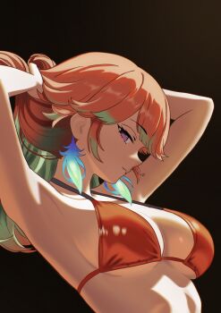 1girl absurdres armpits arms_up bikini black_background breasts earrings feather_earrings feathers gradient_hair highres hololive hololive_english jewelry large_breasts long_hair looking_at_viewer multicolored_hair orange_hair purple_eyes simple_background solo swimsuit takanashi_kiara takokatsu tying_hair virtual_youtuber